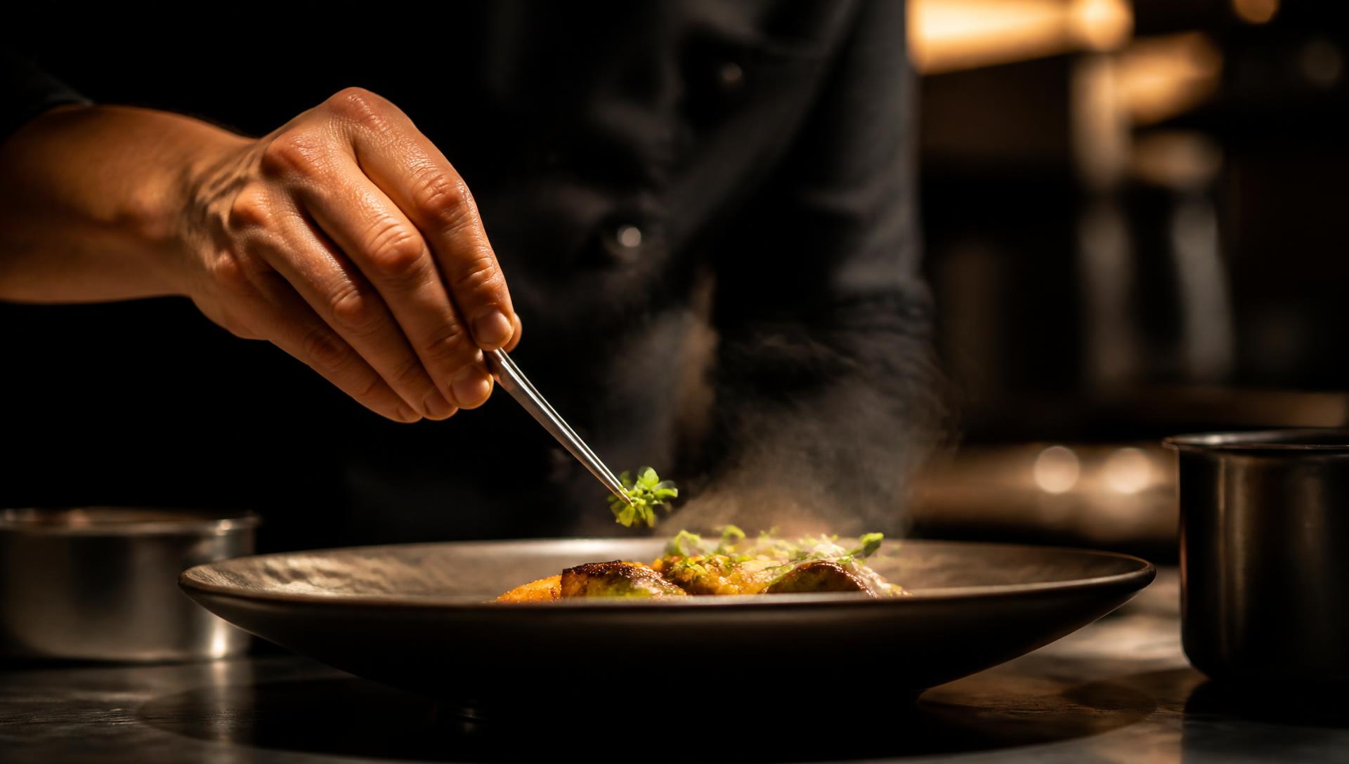 A chef finishing a plate with tweezers