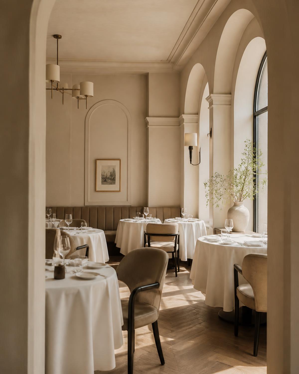 The ivory dining room of Maison Noir in daylight